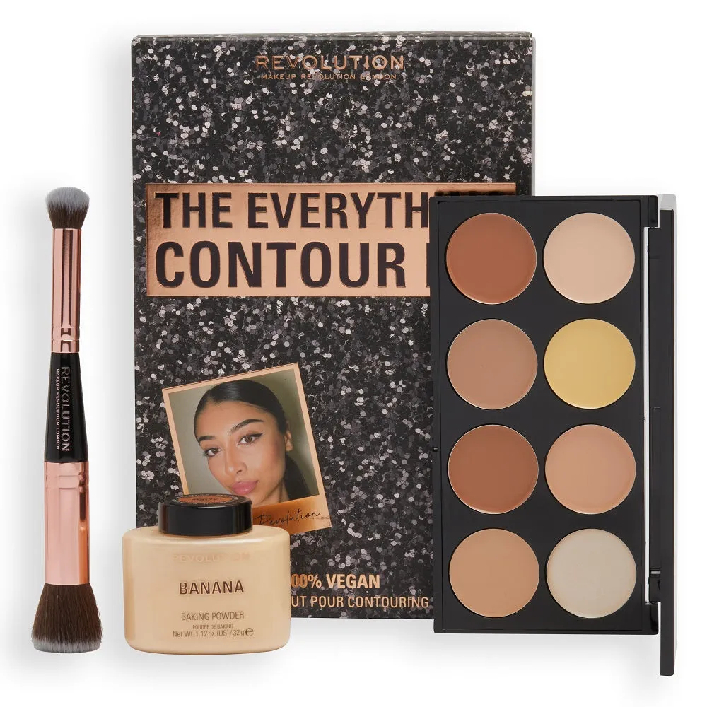 The Everything Contour Kit zestaw Baking Powder puder sypki Banana 32g   Ultra Cream Contour Palette paletka rozświetlaczy i bronzerów 13g   Double Ended Contour Brush dwustronny pędzel do konturowania