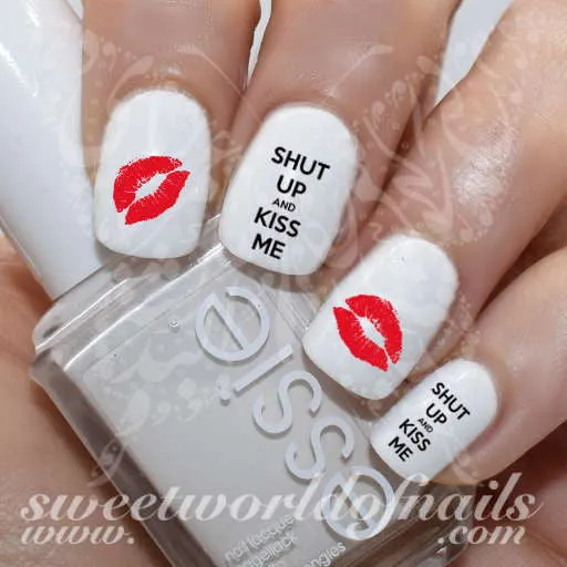 Valentine's Day Nail Art Shut up and Kiss Me Red Lips Nail Water Decals