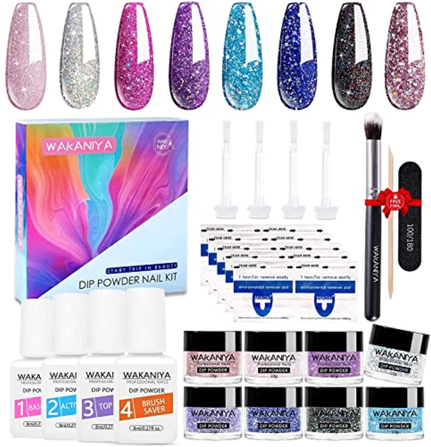 wakaniya Nail Dip Powder Kit-43Pcs Dipping Powder Kit Starter Set Glitter and Sparkle Nail Powders with Liquid Set and Nail Tools